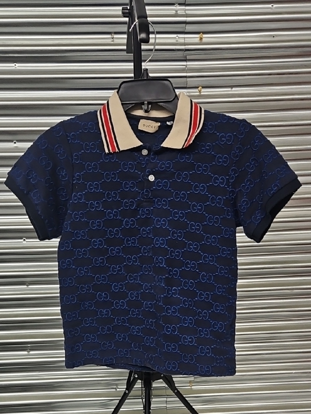 Gucci Navy Blue GG Monogram Polo with Beige Stripe Collar